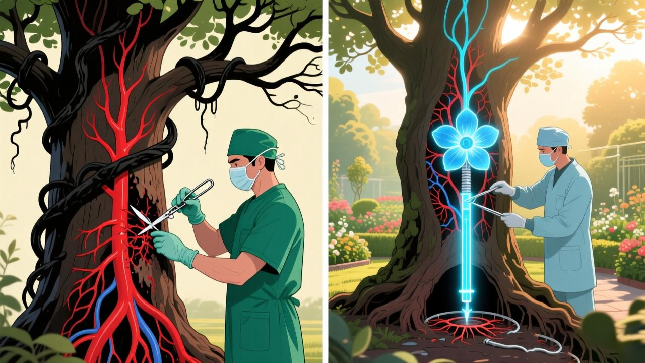 開(kāi)放手術(shù)與腔內(nèi)手術(shù)對(duì)比示意圖